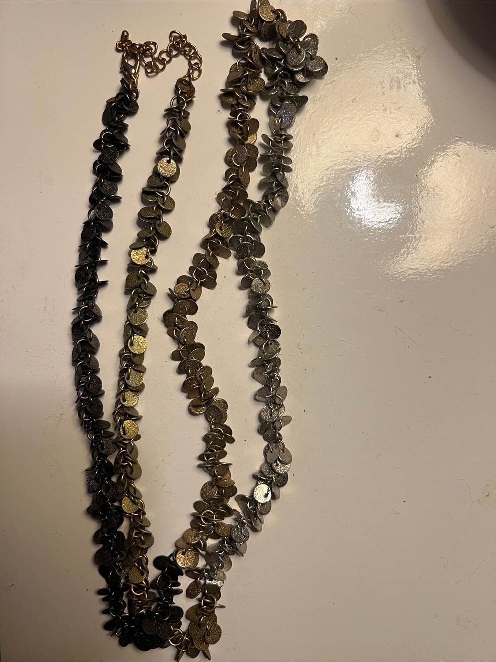 Tri-Tone Metallic Disc Necklace — Gold, Silver, and Black